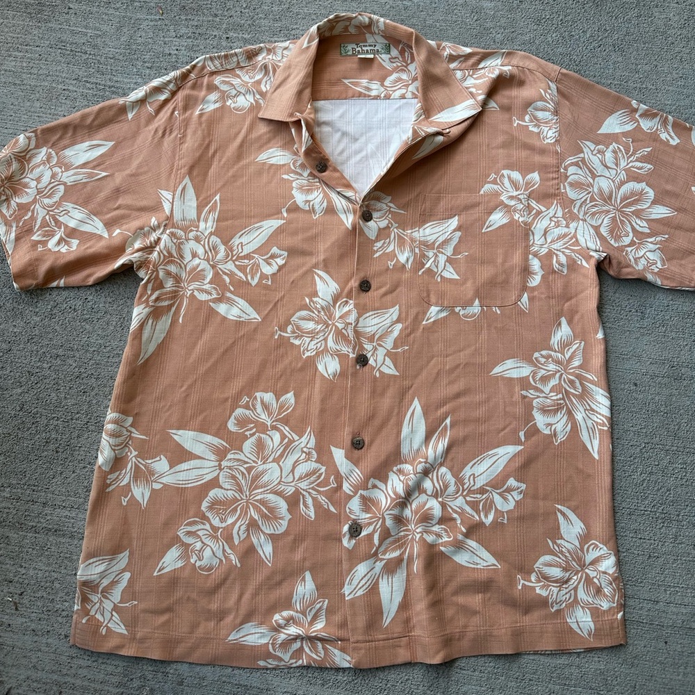 Tommy Bahama Peach and White Casual Button Down Shirt 100% Silk